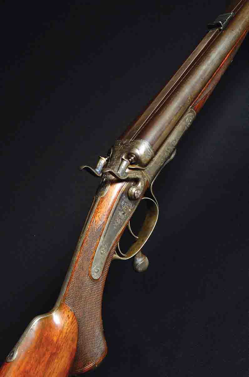 A Holland & Holland .500 Express (3¼) black-powder hammer rifle made around 1895. By that time, hammerless actions were well established, yet H&H still made these rifles for stock, for sale off the rack to travelers across the seas. The Jones underlever and external hammers provided the ultimate in reliability and durability, and the .500 Express was a favorite cartridge for tigers and other Indian big game.